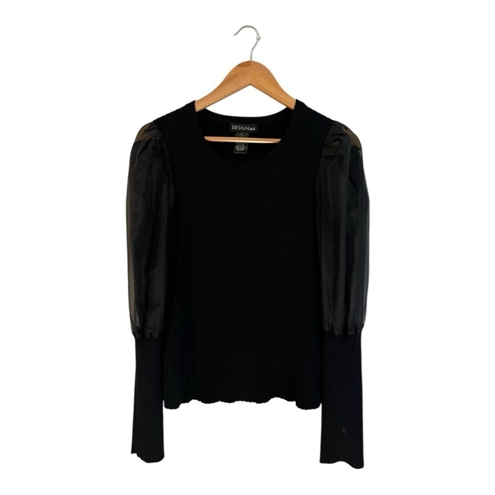 Design 365 Women's Size Large Sweater Mixed Media Black Sheer Sleeves Ribbed